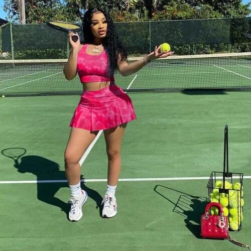 Summer Womens Sports Vest Pleated Skirt Printed Skirt Pants Fashion Two-Piece Net Red Tennis Clothes Cute Casual