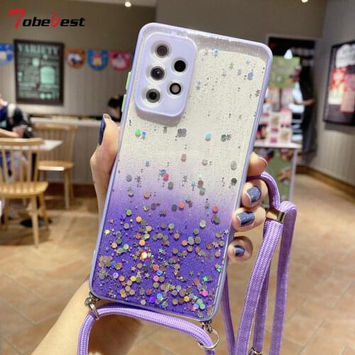 Necklace Lanyard Bling Glitter Case For Samsung Galaxy A12 A22 A32 A42 A52 A72 A82 4G 5G Strap Cord Chain Soft Silicone Cover