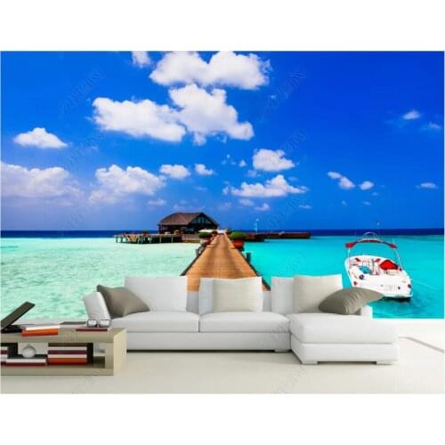 Custom photo mural 3d wallpaper Blue sky and white clouds seaside wooden bridge scenery room wallpaper for walls 3 d in rolls