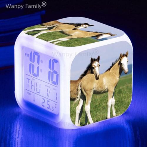 Very cute Pony Horse Alarm Clock 7 Color LED Glowing Digital Alarm Clock For Kids room Night Light Electronic Watches Clock