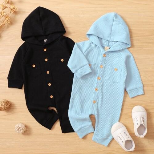 0-24M Newborn Baby Girl Boy Autumn Clothes Solid Single-breasted Long Sleeve Hooded Romper Jumpsuit Cotton New born Outfits