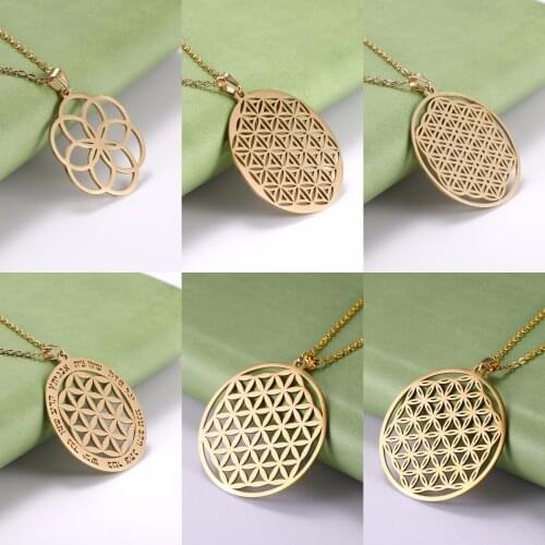 Flower of Life Mandala Necklace Pendant Gold Plated Stainless Steel Chain Jewelry Geometry Accessories Amulet Gift for Women Men