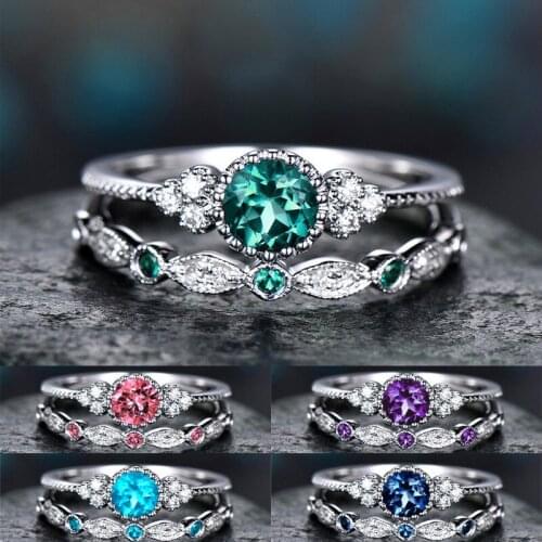Seanlov 2pc Zircon Ring Sets Blue Green Purple Red Cubic Zircon Luxury Rings sets For Women Gifts Fashion Jewelry
