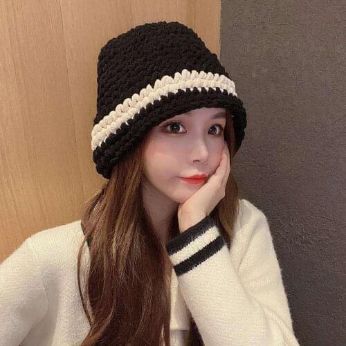 Hat girl cute round face big face autumn and winter Korean version knitted soft sister striped wool fisherman hat