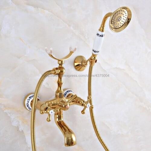 Bathtub Faucets Wall Mounted Gold Color Brass Bathtub Faucet With Hand Shower Bathroom Bath Shower Faucets Nna917