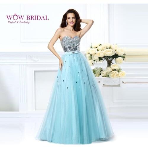 Wowbridal Graceful Blue Prom Dress 2021 Sweetheart Off the Shoulder Crystal Beaded Open Back with Sash Organza Long Party Dress