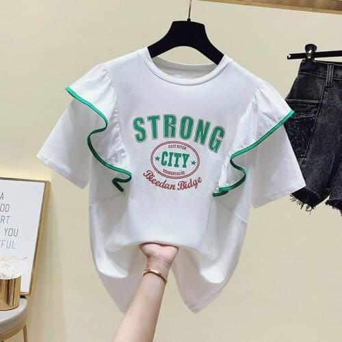 Tee T Shirt Women Summer Top Petal Sleeve Cotton Blusa 2021 Korean Style Tshirt Short Sleeve Casual Letter Prit Clothes Y2K