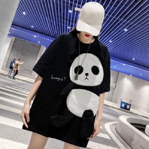 Women Embroidery Panda Cartoon T-shirt Long style O Neck Loose Tee Tops t shirt for women female