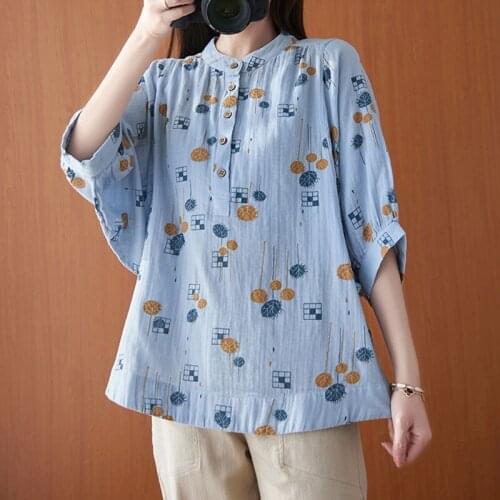 100% Cotton Women Loose Casual Shirts New 2021 Summer Simple Style Vintage Stand Collar Print Female Half Sleeve Tops S3533