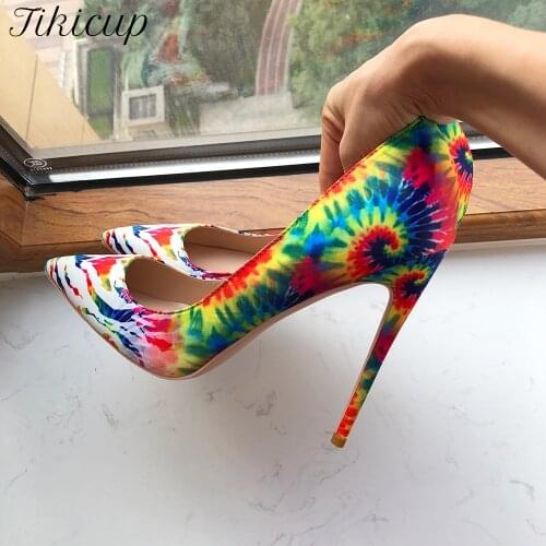 Tikicup Art Paiting Printed Women Glossy Pointed Toe High Heels 8cm 10cm 12cm Ladies Fashion Stiletto Pumps Designer Dress Shoes