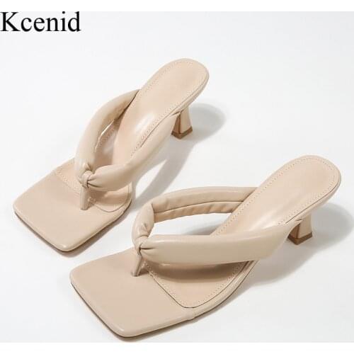 Kcenid New Summer Slippers Women Clip Toe High Heels Fashion Slides Shoes Ladies Sandals Apricot White Black Flip Flops Size 42