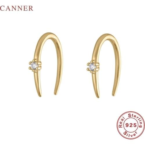 CANNER Real 925 Sterling Silver Earrings For Women Simple U-shaped Lines Stud Earrings Zircon Diamond Korean Jewelry Pendientes