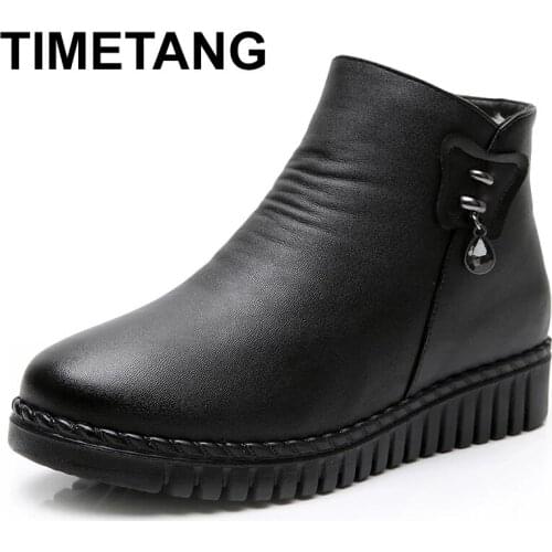 TIMETANGWinter Quality Women Snow Ankle Boots Solid Pu Leather Sewing Warm Wool Lining Fluffy Furry Round Toe Comfortable Shoes