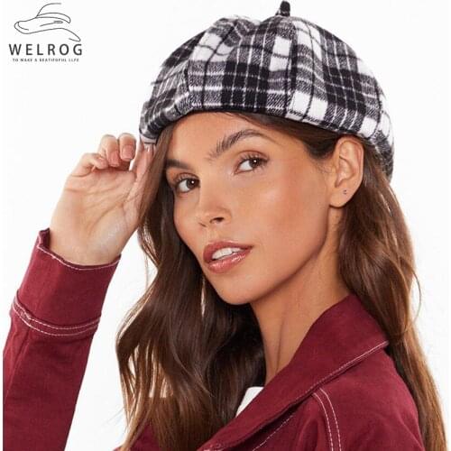 WELROG Plaid Wool Blend Beret Autumn And Winter Cap For Women New Korean Pumpkin Hat Wild Hat Retro Literary Painter Cap
