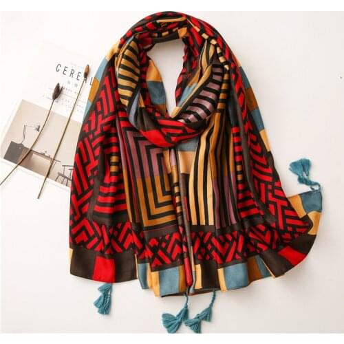 Women Bright Large Hijab Scarf Geometric Painting Neckwear Long Tassel Shawls for Female NEW 2021