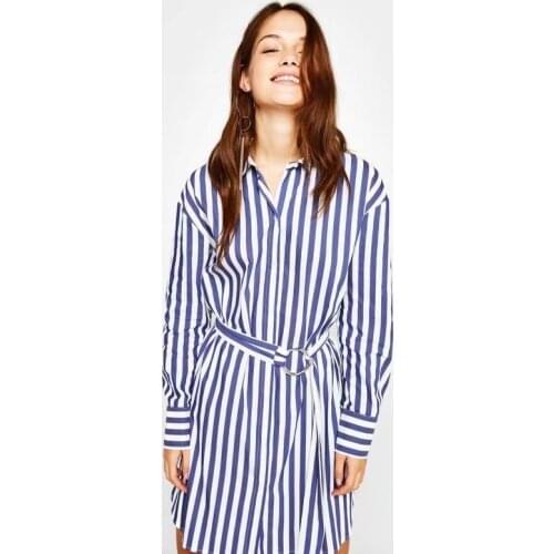 Spring Summer Shirt Dress Women Casual Long Sleeve Blue Autumn Fall Office Lady Womens Striped Print A-line Mini Dresses Belt