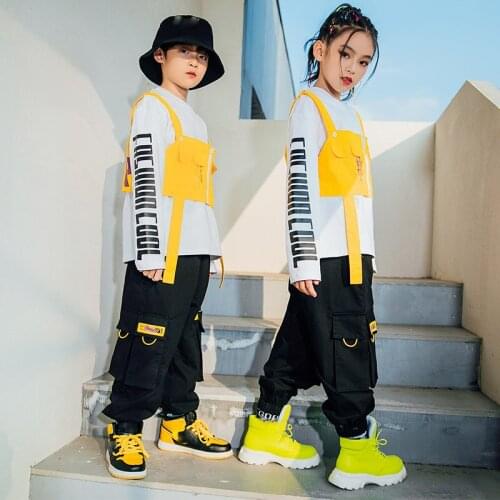 2020 Hip Hop Modern Dance Costumes For Kids Fashion Long Sleeved Yellow Vest Black Pants Jazz Street Dance Rave Clothes DQS6236