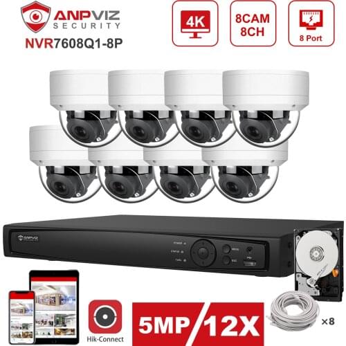 Hikvision OEM 8CH 4K NVR Anpviz 4/6/8pcs 5MP 12X Zoom IP PTZ Camera POE Security System Kit Audio IP Camera Indoor/Outdoor P2P