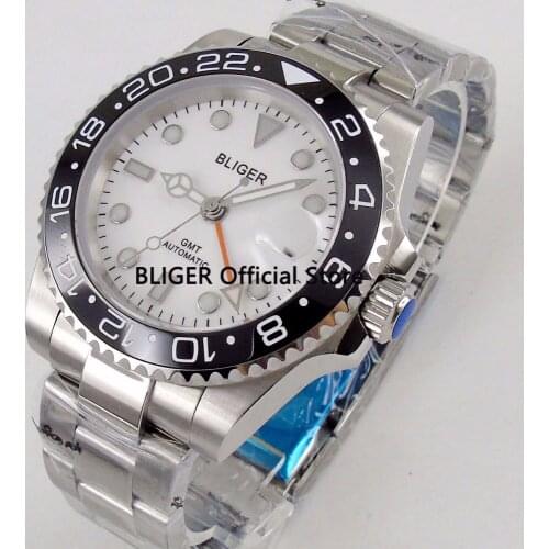 BLIGER 40mm White Big Dial Mens Time Watch Black Ceramic Bezel GMT Function Sapphire Glass Business Automatic Movement