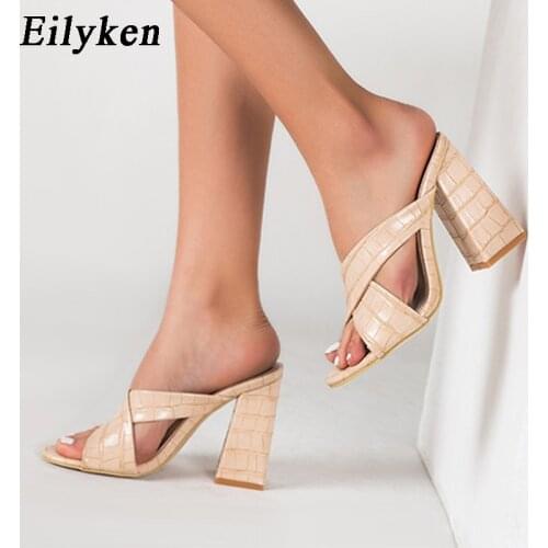 Eilyken Summer Sexy Roman Gladiator Classic Square High Heels Women Outdoor Casual Mules Slippers Female Peep Toe Party Shoes