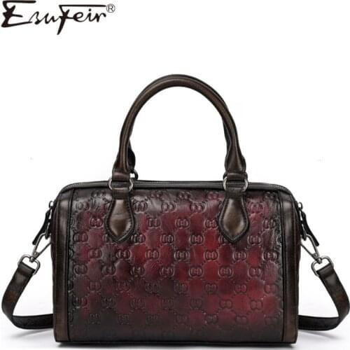 ESUFEIR 2019 New Genuine Leather Embossing Women Handbag Vintage Luxury Shoulder Bag Messenger Bag Brand Casual Boston Handbag