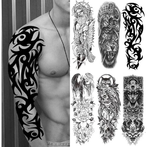 Tribal Totem Temporary Tattoo Sleeve For Men Women Adult Fake Flower Shoulder Tatoos Sticker Black Skull Tattoos Big Full Arm