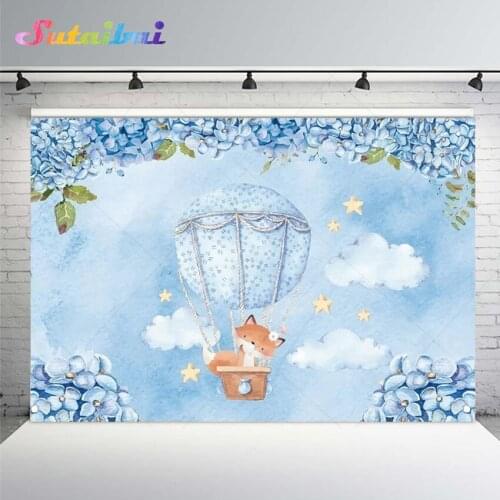 Hot Air Balloon Backdrops Fox Flowers Sky Cloud Watercolor Photo Background Newborn Baby Shower Decoration Birthday Girls Poster