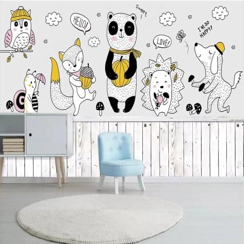 Custom Photo Mural Hand Pained Cartoon Animals Panda Fox White Wallpaper Children Bedroom Kindergarten Background Wall Decor 3D