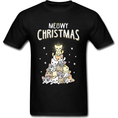 Meowy Catmas T-shirt Kawaii Mens Tops Cartoon T Shirt Christmas Man Clothing Cats Printed Tees Black Tshirt Funny