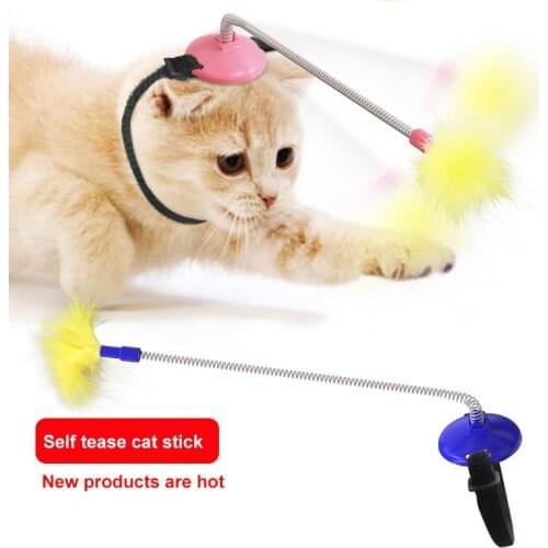 Cat self-excited collar neck Toy Spring feet with tap tease cat stick Feather Interactive Stick Toy Wire Chaser Wand Toy 2021