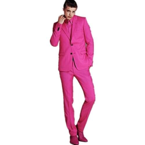 Custom Made Hot Pink Men Suits Groomsmen Tuxedos Slim Fit Mens Wedding Suit Formal Prom Best Men Tailored Suits (Jacket+Pant)