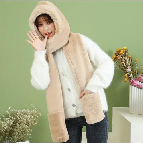 Fashion version of winter thick hat scarf gloves one piece wool plush onesie imitation fox wool hooded female three-piece set