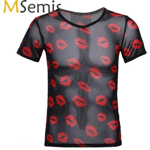MSemis Men Fahsion Sexy Lip Print See-through Mesh T-shirt V Neck Short Sleeve Sheer Tops Nightclub Stage Show Summer Costume