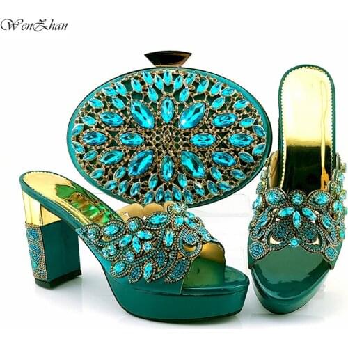 Teal Color Nigerian Design Shoes and Bags To Match Set Italian High Heels Women Wedding Shoes and Bags Sets with Crystal B28-22