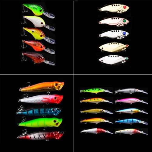25pcs/lot Hard Bait Kit Include Minnow Popper Crankbait VIB 4 Models Mixed Fishing Lures Set
