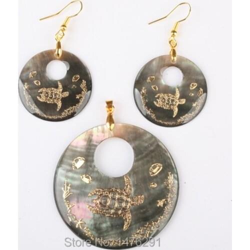 New! Donuts abalone shell Gold pattern Pendant & Earrings 1 Set