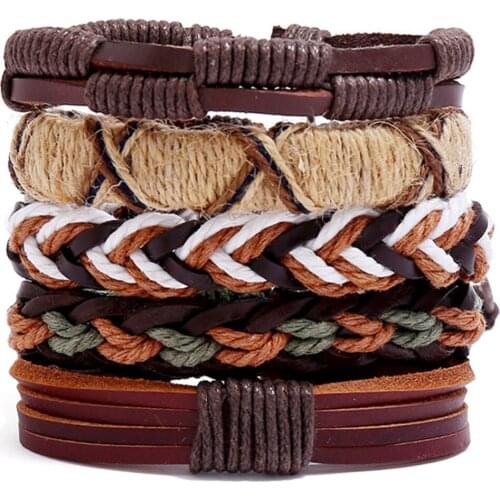 Braided khaki Brown Handmade Black Real Genuine Leather Bracelets 5pcs/set Men Bracelets Women Fashion Jewelry Accessories