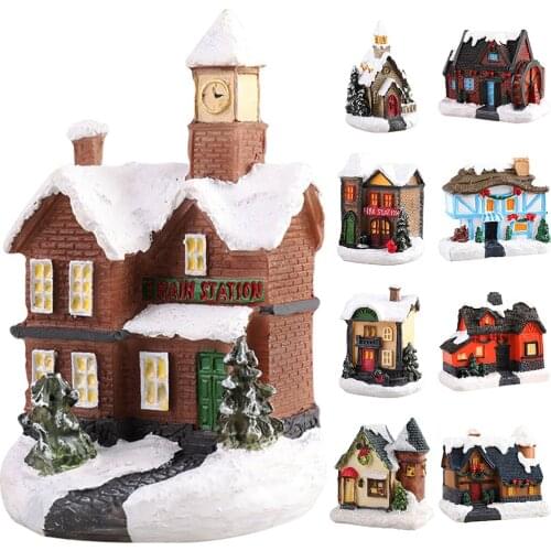 Resin Mini Christmas LED House Warm Light Miniature Village Dollhouse Farmhouse Set Xmas Desktop Garden Decoration Gift