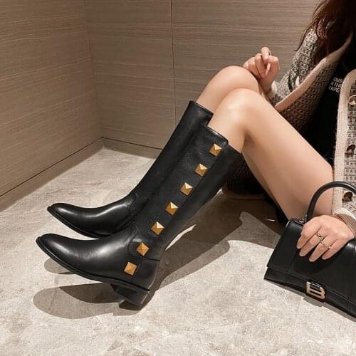 Luxury brand new winter knee high boots womens shoes British style rivet motorcycle boots female riding boots bottes femme
