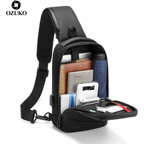 OZUKO Crossbody Bags Men USB Charging Waterproof Messenger Chest Bag Male Short Trip Sling Bag Large Capacity Shoulder Bag Black