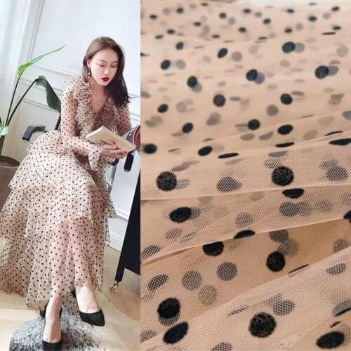 Tan brown tulle Lace fabric with black polka dots, tulle mesh fabric with velvet dot, new arrival, hot selling