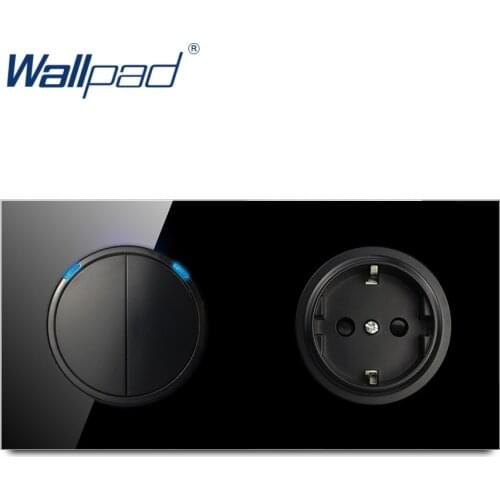 Wallpad L6 Black Tempered Glass 2 Gang 1 Way 2 Way Switch With EU Wall Socket Electrical German Power Outlet 16A Round Design