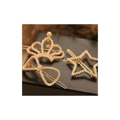 Korean Version Simple Alloy PearlBbow Five-pointed Star Crown Love Hairpin For Women Fashion Simple Metal Jewelry Wholesale