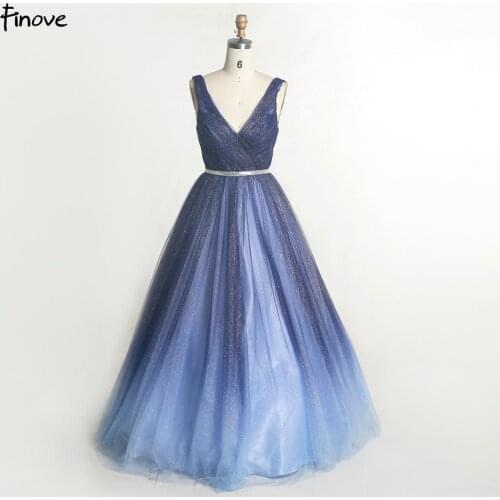 Finove New Arrivals 2020 Evening Dresses Long V Neck Backless Beading Crystal Floor Length A-Line In Women' Dresses Plus Size