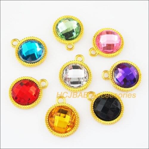 16 New Flower Round Charms Mixed Acrylic Pendants Gold Color 12.5x15mm