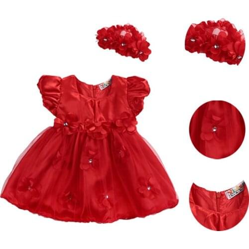 2018 Fashion Ball Gown Cute Floral 2PCS/Set Baby Newborn Girl Kids Princess Dress Lace Pageant Party Dress+Headband