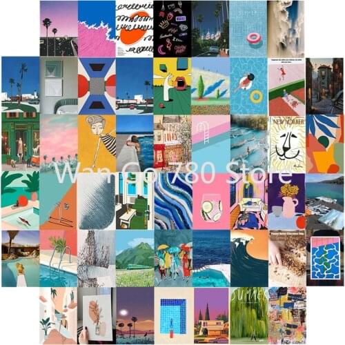 50Pcs Blue Aesthetic Cartoon Picture for Wall Collage Kits Summer Pool Print Fashion Living Room Wall Decor for Children Gifts