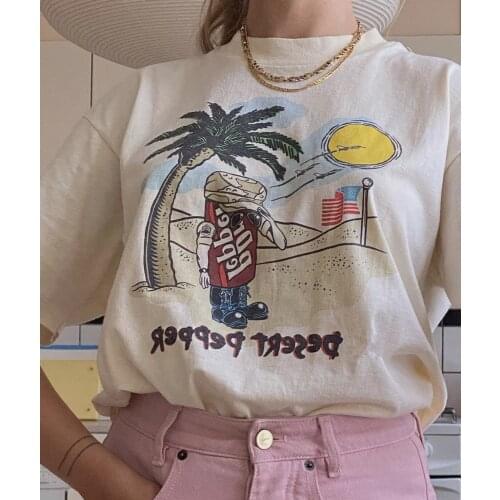 Funny America Desert Pepper Printed Retro Style TShirt For Women White 100% Cotton Round Neck 80s Graphic Aesthetic Tees