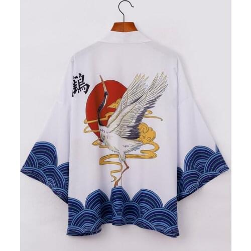 Men Women Cardigan Japan Harajuku Anime Robe Anime Clothes Summer Japanese Style Crane Print Kimono Streetwear