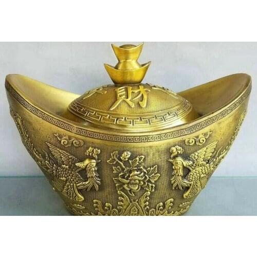 Chinese fengshui old bronze wealth dragon phoenix Yuanbao treasure bowl Statue
